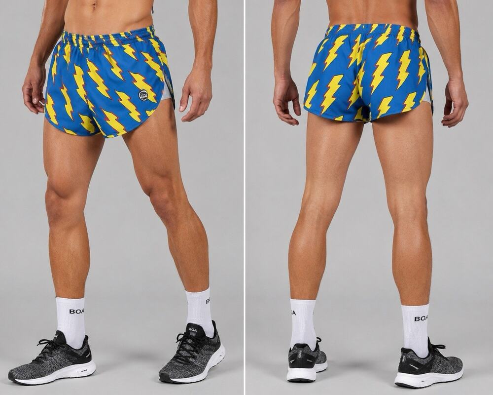 BOA Mens Medium 1” Elite Split Running Shorts Lightning Bolt Blue Yellow USA